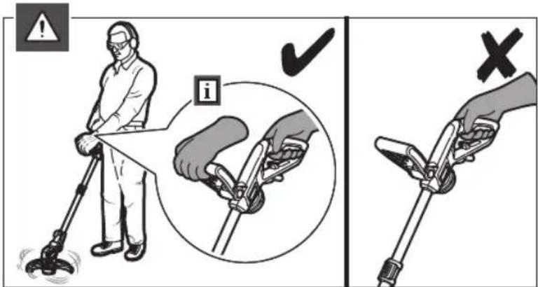 Safety instruction diagram showing a person using a walkie-talkie to adjust the device, with check and cross symbols indicating safety warnings.