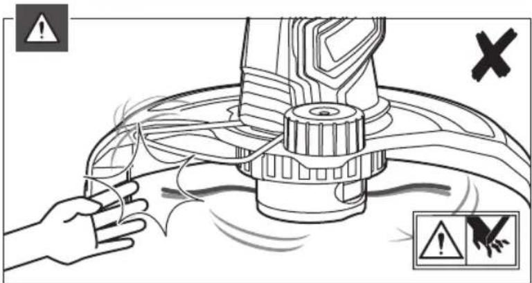 Diagram illustrating a mechanical device with warning symbols and labeled components, including a hand holding a tool and a warning icon.