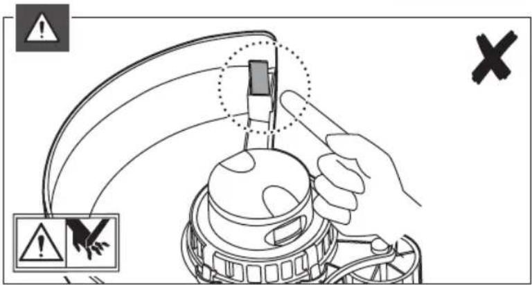 Diagram illustrating a hand holding a device with warning symbols and a cross mark, indicating an accident or hazard.