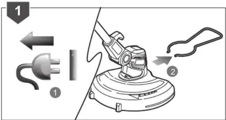 Diagram illustrating the process of a power tool with labeled steps 1 and 2, showing electrical plug, power outlet, and power strip.