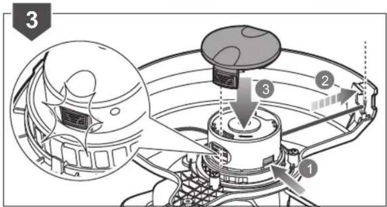 Technical diagram of a mechanical device with numbered components and labeled parts, including a magnified inset view.