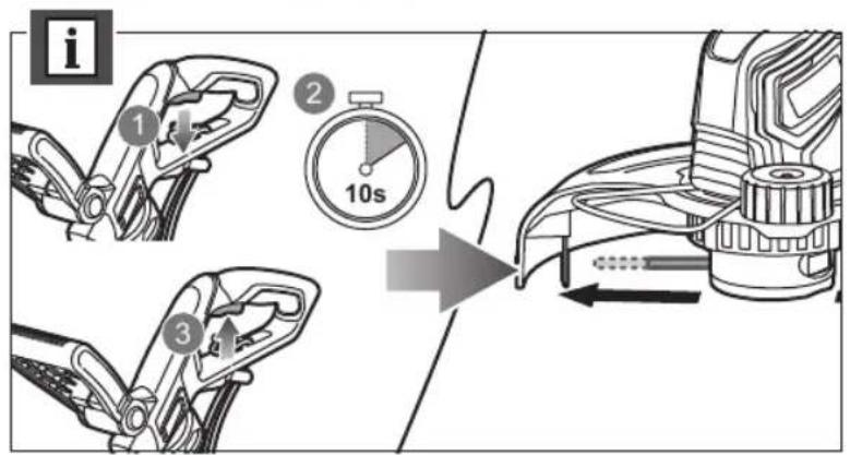 Diagram illustrating a mechanical device operation with three steps: step 1, step 2, and step 3, showing a stopwatch and directional arrow.