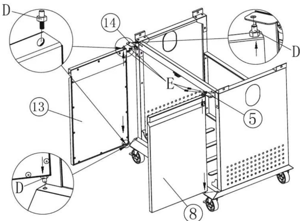 Technical diagram of a mechanical device with numbered components and cross-sectional views