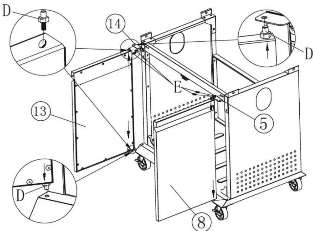 Technical diagram of a mechanical device with numbered components and labeled parts, including D, E, 5, 8, and 13.