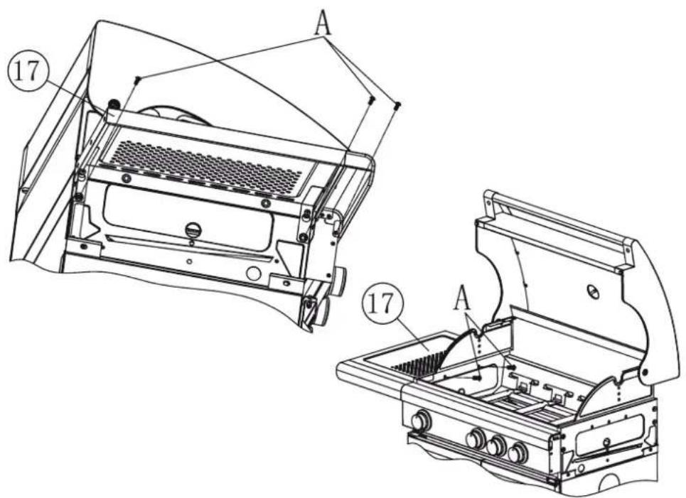 Technical diagram of a portable gas stove with labeled components and cross-sectional views