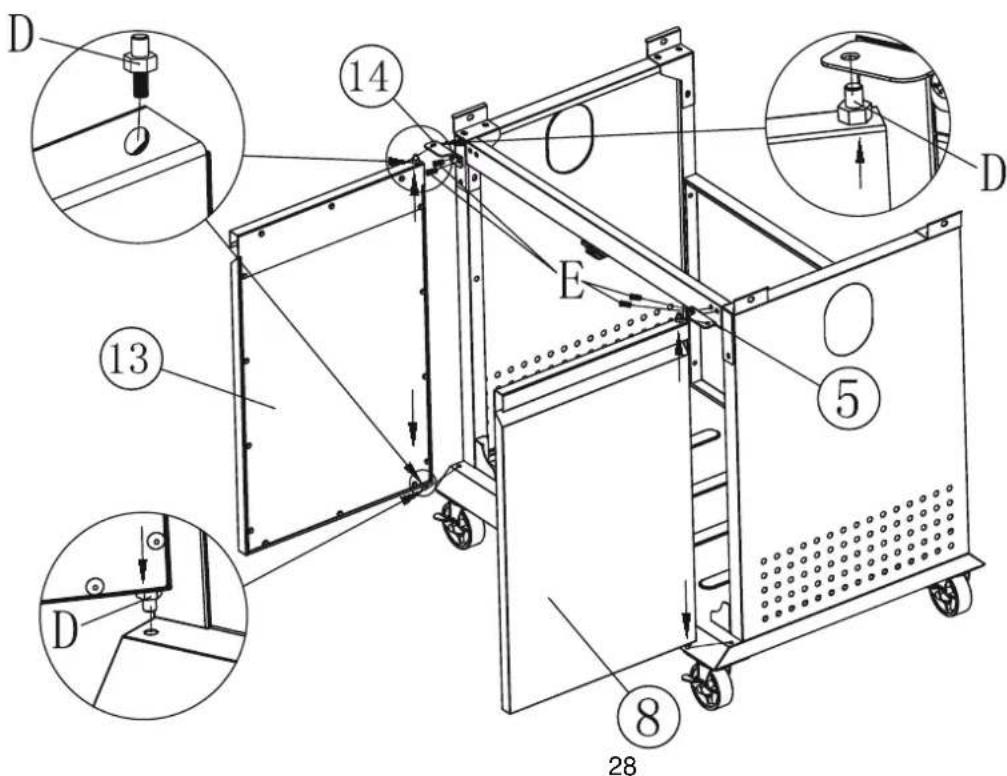 Technical diagram of a mechanical device with numbered components and labeled parts, including zoomed-in insets and numbered callouts.