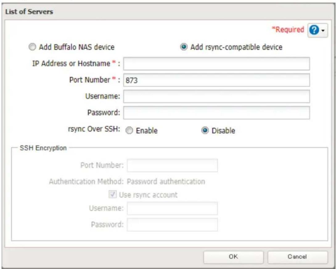 BUFFALO TeraStation TS3410DN - Sélectionnez « Ajouter un périhérique compatible avec la rsync (Add rsync-compatible device) »; saisissez l'adresse IP ou le nom d'hote du périhérique compatible rsync de destination, ainsi que le nombre de port. Si vous périhérique compatible rsync requiert le nom d'utilisateur et le mot de passé pour la sauvegarde, renseignez ces champs. - 1