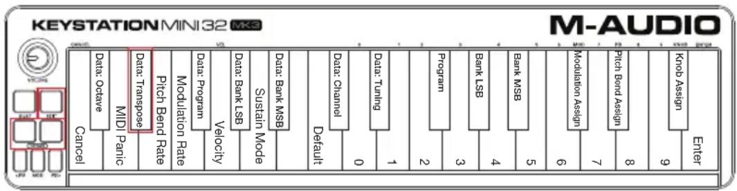 M-AUDIO Keystation Mini 32 MK3 - Para asignar los botones de octavas "+" y "-" a la funciona Transportar: - 1