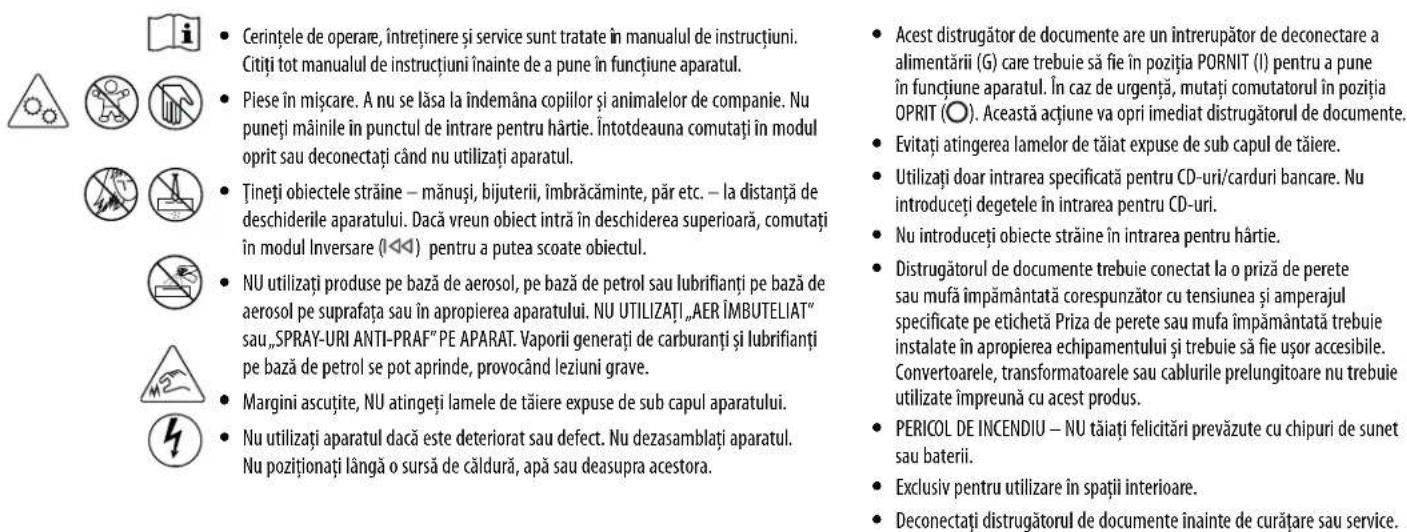 FELLOWES Powershred 225Mi - AVERTIZARE: INSTRUCTIONS DE SIGURANÀ IMPORTANTE — Citiţi inainte de utiliserizare! - 1