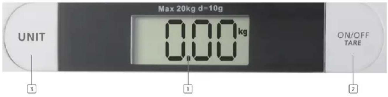 Max 20kg d=10g UNIT 0.00 kg ON/OFF TARE 3 1 2