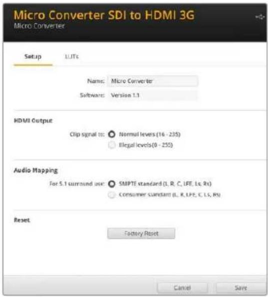 Blackmagic Design Micro Converter HDMI to SDI - Opciones del programa Blackmagic Converters Setup - 1