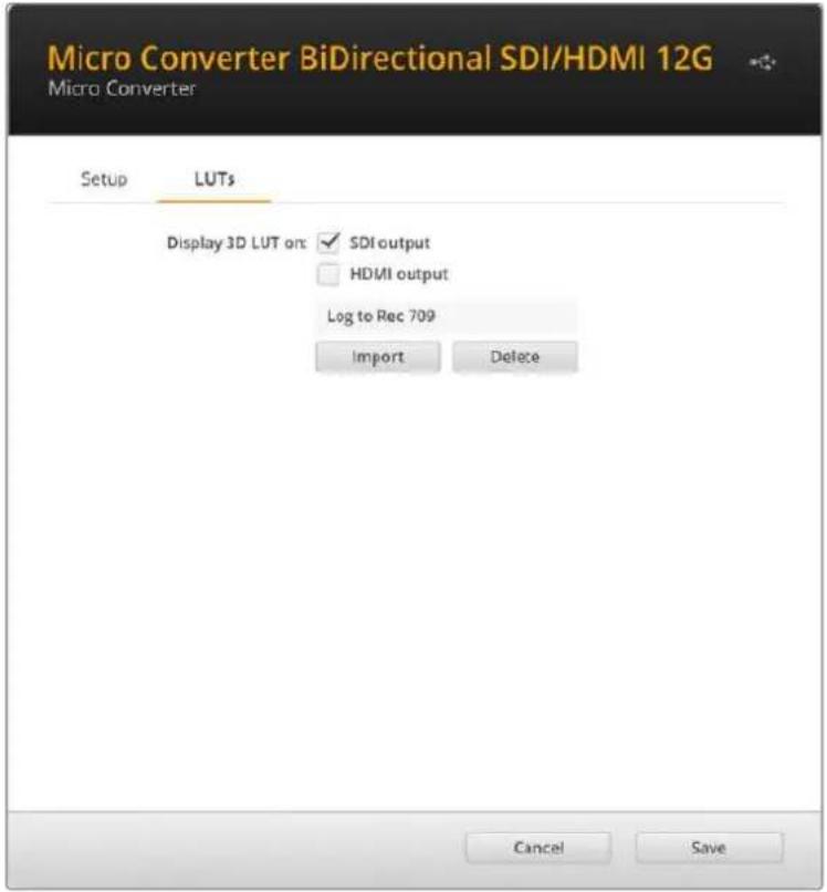 Micro Converter BiDirectional SDI/HDMI 12G Micro Converter Setup LUTs Display 3D LUT on: ✓ SDI output ☐ HDMI output Log to Rec 709 Import Delete Cancel Save