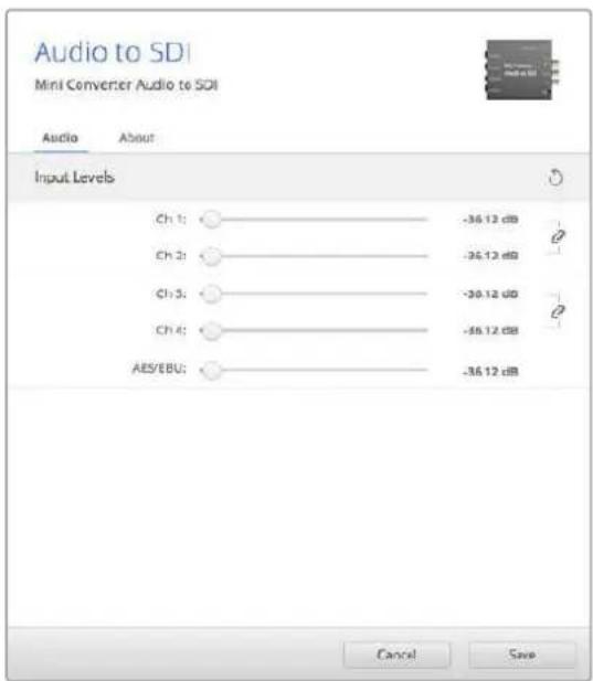 Audio to SDI Mini Converter Audio to SDI Audio About Input Levels Ch 1: -36.12 dB Ch 2: -36.12 dB Ch 3: -30.12 dB Ch 4: -36.12 dB AES/EBU: -36.12 dB Cancel Save