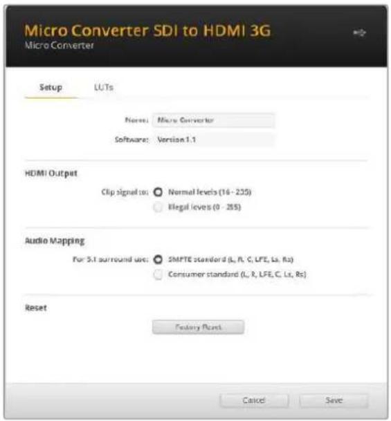 Blackmagic Design Micro Converter HDMI to SDI - Le impostazioni di Blackmagic Converter Setup - 1