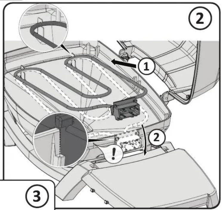 Diagram of car interior components with numbered annotations indicating parts of the engine, including a warning icon and magnified views.