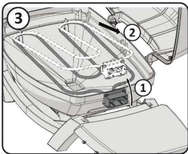 Technical diagram of a vehicle engine compartment with numbered components and labeled parts