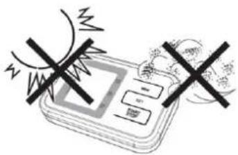 Diagram showing a device with warning symbols and lightning, indicating electrical hazard or safety warning.