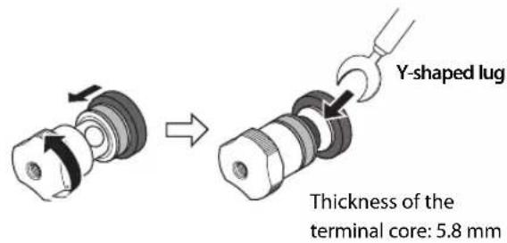 YAMAHA AS2200 - 1Unscrew the knob, and then sandwich the Y-shaped lug between the ring part and base of the terminal. - 1