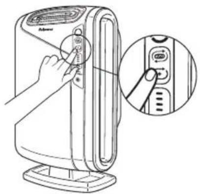 Diagram showing a hand operating a device with a control knob, alongside an inset close-up of the button.
