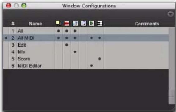 Window Configurations Name Comments 1 All • • • 2 All MIDI • • • • • 3 Edit 4 Mix 5 Score 6 MIDI Editor
