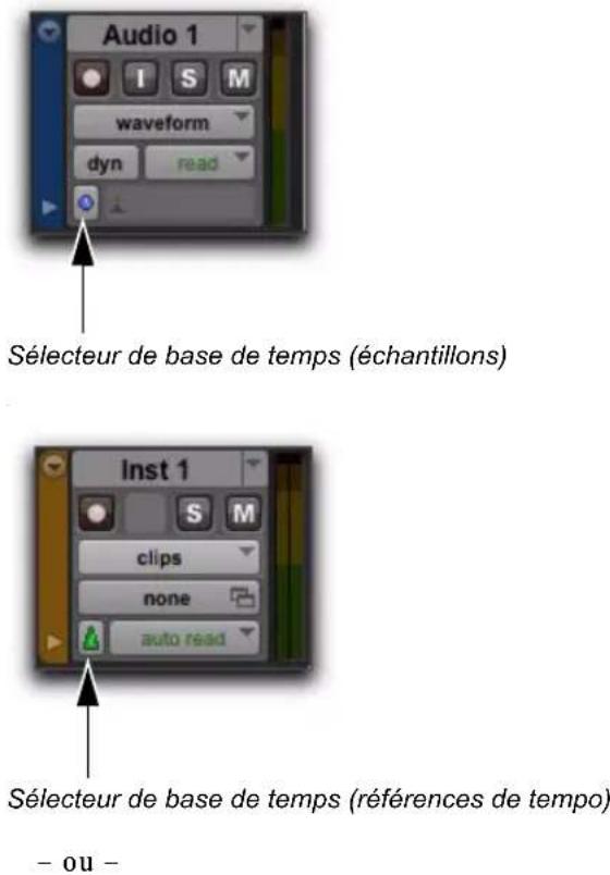 Audio 1 I S M waveform dyn read Sélecteur de base de temps (échantillons) Inst 1 clips none auto read Sélecteur de base de temps (références de tempo) - ou -