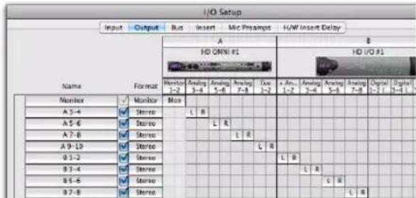 I/O Setup Input Output Bus Insert Mic Preamps H/W Insert Delay Name Format A HD ONNI #1 HD I/O #1 Monitor 1-2 Analog 3-4 Analog 5-6 Analog 7-8 Cut 1-2 + Am. 1-2 Analog 3-4 Analog 5-6 Analog 7-8 Digital 1-2 Digital 3-4 Number Monitor Max A 5-6 Stereo A 5-6 Stereo A 7-8 Stereo A 9-10 Stereo B 1-2 Stereo B 3-4 Stereo B 5-6 Stereo B 7-8 Stereo L R L R L R L R