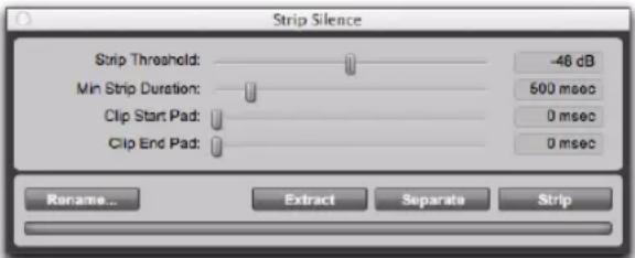 Strip Silence Strip Threshold: -46 dB Min Strip Duration: 500 msec Clip Start Pad: 0 msec Clip End Pad: 0 msec Rename... Extract Separate Strip