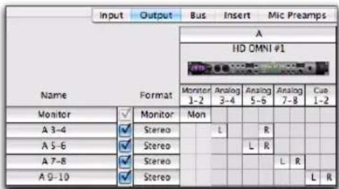 Input Output Bus Insert Mic Preamps Name Format A HD OMNI #1 Monitor Mon Analog Analog Analog Cus 1-2 3-4 5-6 7-8 1-2 Monitor A 3-4 Stereo L R A 5-6 Stereo L R A 7-8 Stereo L R A 9-10 Stereo L R