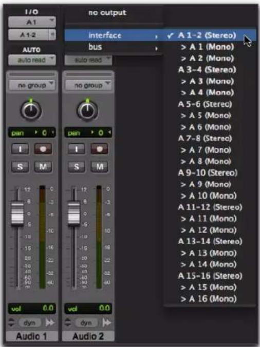 I/O A1 A1-2 AUTO auto read no group Pan I S M vol 0.0 dyn Audio 1 no output interface bus Auto read no group Pan I S M vol 0.0 dyn Audio 2 A 1-2 (Stereo) >A 1 (Mono) >A 2 (Mono) >A 3-4 (Stereo) >A 3 (Mono) >A 4 (Mono) >A 5-6 (Stereo) >A 5 (Mono) >A 6 (Mono) >A 7-8 (Stereo) >A 7 (Mono) >A 8 (Mono) >A 9-10 (Stereo) >A 9 (Mono) >A 10 (Mono) >A 11-12 (Stereo) >A 11 (Mono) >A 12 (Mono) >A 13-14 (Stereo) >A 13 (Mono) >A 14 (Mono) >A 15-16 (Stereo) >A 15 (Mono) >A 16 (Mono)