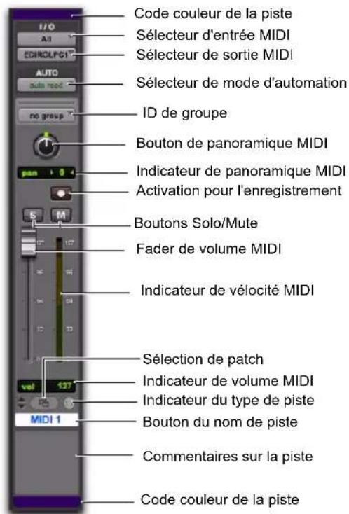 Code couleur de la piste Sélecteur d'entrée MIDI Sélecteur de sortie MIDI Sélecteur de mode d'automation ID de groupe Bouton de panoramique MIDI Indicateur de panoramique MIDI Activation pour l'enregistrement Boutons Solo/Mute Fader de volume MIDI Indicateur de vélocité MIDI Sélection de patch Indicateur de volume MIDI Indicateur du type de piste Bouton du nom de piste Commentaires sur la piste Code couleur de la piste