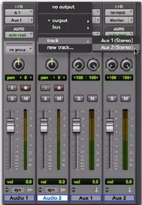 I/O A 1 Aux 1 AUTO auto read no group no output output bus track new track... I/O no input Monitor AUTO no input Auto no group Aux 1 (Stereo) Aux 2 (Stereo) pan > 0 I S M Pan > 0 I S M <100 100> S M <100 100> S M vol 0.0 dyn Audio 1 Audio 2 Vol 0.0 dyn Audio 1 Audio 2 Vol 0.0 vol 0.0 dyn Audio 1 Audio 2 Vol 0.0