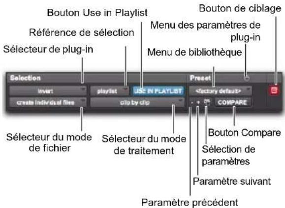 Bouton Use in Playlist Référence de sélection Sélecteur de plug-in Menu des paramètres de plug-in Menu de bibliothèque Selection Invert create individual files playlist USE IN PLAYLIST cita by clip COMPARE Sélecteur du mode de fichier Sélecteur du mode de traitement Bouton Compare Sélection de paramètres Paramètre suivant Paramètre précédent