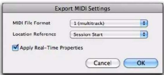 Export MIDI Settings MIDI File Format 1 (multitrack) Location Reference Session Start ✓ Apply Real-Time Properties Cancel OK