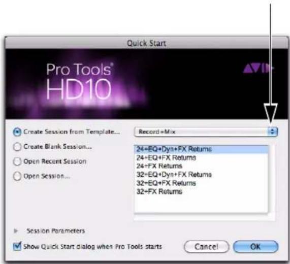 Quick Start Pro Tools® HD10 Create Session from Template... Create Blank Session... Open Recent Session Open Session... Record+Mix 24+EQ+Dyn+FX Returns 24+EQ+FX Returns 24+FX Returns 32+EQ+Dyn+FX Returns 32+EQ+FX Returns 32+FX Returns Session Parameters Show Quick Start dialog when Pro Tools starts Cancel OK