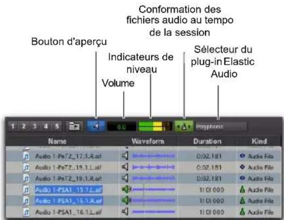 Conformation des fichiers audio au tempo de la session Bouton d'aperçu Indicateurs de niveau Volume Sélecteur du plug-in Elastic Audio Name Waveform Duration Kind Audio 1-PnT2_17.1.Ratif 0:02.181 Audio File Audio 1-PnT2_19.1.Latif 0:02.181 Audio File Audio 1-PnT2_19.1.Ratif 0:02.181 Audio File Audio 1-PSA1_15.1.Latif 11 DI 000 Audio File Audio 1-PSA1_15.1.Ratif 11 DI 000 Audio File Audio 1-PSA1_16.1.Latif 11 DI 000 Audio File
