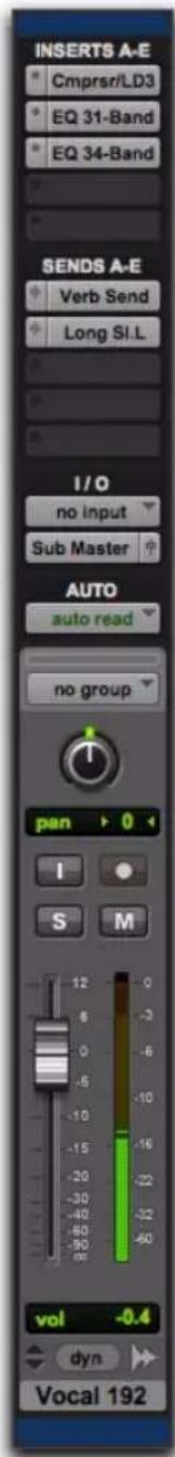 INSERTS A-E Cmprsr/LD3 EQ 31-Band EQ 34-Band SENDS A-E Verb Send Long SI.L I/O no input Sub Master AUTO auto read no group pan > 0 I S M 12 8 0 -5 -10 -15 -20 -30 -40 -60 -90 00 vol -0.4 dyn Vocal 192
