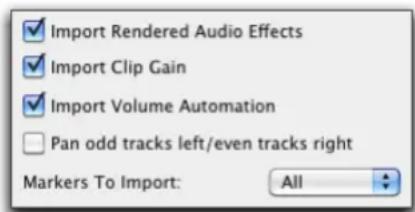 Import Rendered Audio Effects Import Clip Gain Import Volume Automation Pan odd tracks left/even tracks right Markers To Import: All