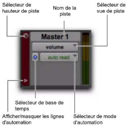 Sélecteur de hauteur de piste Nom de la piste Sélecteur de vue de piste Master 1 volume auto read Sélecteur de base de temps Afficher/masquer les lignes d'automation Sélecteur de mode d'automation