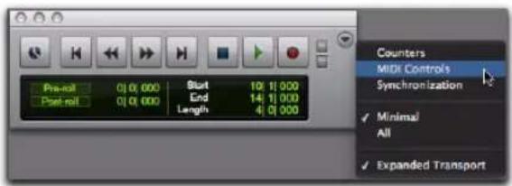 Pre-roll 01 0,000 Post-roll 01 0,000 Start End Length 10:11 000 14:11 000 4:00 000 Counters MIDI Controls Synchronization Minimal All Expanded Transport