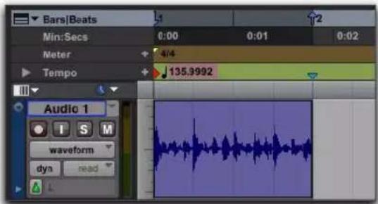 Bars|Beats Min:Secs 0:00 0:01 0:02 Meter 4/4 Tempo 135.3992 Audio 1 I S M waveform dyn read