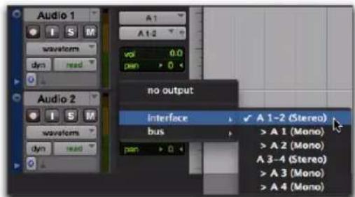 Audio 1 A 1 A 1-2 vol 0.0 pen > 0 no output interface bus A 1-2 (Stereo) >A 1 (Mono) >A 2 (Mono) >A 3-4 (Stereo) >A 3 (Mono) >A 4 (Mono)