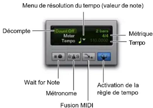 Menu de résolution du tempo (valeur de note) Décompte Count Off 2 bars Meter 4/4 Tempo 110.0000 Métrique Tempo Wait for Note Métronome Activation de la règle de tempo Fusion MIDI