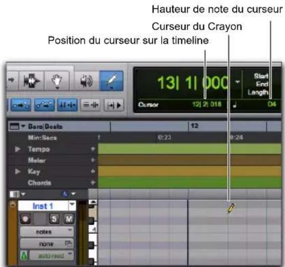 Hauteur de note du curseur Curseur du Crayon Position du curseur sur la timeline 131 11 000 Start End Length Cursor 12j 2j 018 D4 Daro/Deals 12 Min:Secs 0:23 0:24 Tempo - Meter + Key - Chords Inst 1 notes none autoreed