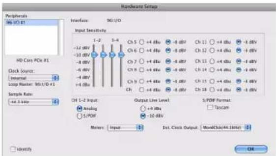 Hardware Setup Peripherals 56/10/0 #1 Interface 56/10/0 Input Sensitivity -12 dBV -10 dBV -8 dBV -6 dBV -4 dBV +4 dBV Ch 5 ○ +4 dBV Ch 6 ○ +4 dBV Ch 7 ○ +4 dBV Ch 8 ○ +4 dBV Ch 9 ○ +4 dBV Ch 10 ○ +4 dBV Ch 11 ○ +4 dBV Ch 12 ○ +4 dBV Ch 13 ○ +4 dBV Ch 14 ○ +4 dBV Ch 15 ○ +4 dBV Ch 16 ○ +4 dBV Ch 17 ○ +4 dBV Ch 18 ○ +4 dBV Ch 19 ○ +4 dBV Ch 20 ○ +4 dBV Ch 21 ○ +4 dBV Ch 22 ○ +4 dBV Ch 23 ○ +4 dBV Ch 24 ○ +4 dBV Ch 25 ○ +4 dBV Ch 26 ○ +4 dBV Ch 27 ○ +4 dBV Ch 28 ○ +4 dBV Ch 29 ○ +4 dBV Ch 30 ○ +4 dBV Ch 31 ○ +4 dBV Ch 32 ○ +4 dBV Ch 33 ○ +4 dBV Ch 34 ○ +4 dBV Ch 35 ○ +4 dBV Ch 36 ○ +4 dBV Ch 37 ○ +4 dBV Ch 38 ○ +4 dBV Ch 39 ○ +4 dBV Ch 40 ○ +4 dBV Ch 41 ○ +4 dBV Ch 42 ○ +4 dBV Ch 43 ○ +4 dBV Ch 44 ○ +4 dBV Ch 45 ○ +4 dBV Ch 46 ○ +4 dBV Ch 47 ○ +4 dBV Ch 48 ○ +4 dBV Ch 49 ○ +4 dBV Ch 50 ○ +4 dBV Ch 51 ○ +4 dBV Ch 52 ○ +4 dBV Ch 53 ○ +4 dBV Ch 54 ○ +4 dBV Ch 55 ○ +4 dBV Ch 56 ○ +4 dBV Ch 57 ○ +4 dBV Ch 58 ○ +4 dBV Ch 59 ○ +4 dBV Ch 60 ○ +4 dBV Ch 61 ○ +4 dBV Ch 62 ○ +4 dBV Ch 63 ○ +4 dBV Ch 64 ○ +4 dBV Ch 65 ○ +4 dBV Ch 66 ○ +4 dBV Ch 67 ○ +4 dBV Ch 68 ○ +4 dBV Ch 69 ○ +4 dBV Ch 70 ○ +4 dBV Ch 71 ○ +4 dBV Ch 72 ○ +4 dBV Ch 73 ○ +4 dBV Ch 74 ○ +4 dBV Ch 75 ○ +4 dBV Ch 76 ○ +4 dBV Ch 77 ○ +4 dBV Ch 78 ○ +4 dBV Ch 79 ○ +4 dBV Ch 80 ○ +4 dBV Ch 81 ○ +4 dBV Ch 82 ○ +4 dBV Ch 83 ○ +4 dBV Ch 84 ○ +4 dBV Ch 85 ○ +4 dBV Ch 86 ○ +4 dBV Ch 87 ○ +4 dBV Ch 88 ○ +4 dBV Ch 89 ○ +4 dBV Ch 90 ○ +4 dBV Ch 91 ○ +4 dBV Ch 92 ○ +4 dBV Ch 93 ○ +4 dBV Ch 94 ○ +4 dBV Ch 95 ○ +4 dBV Ch 96 ○ +4 dBV Ch 97 ○ +4 dBV Ch 98 ○ +4 dBV Ch 99 ○ +4 dBV Ch 100○+4dB V (Output Line Level) ○+8dB V (S/PDF Format) ○-10dB V (Tscam) Meters: Input Ext. Clock Output: WaveClick/RR (OK) □ Identify OK