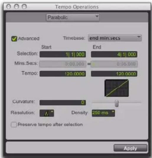 Tempo Operations Parabolic: Advanced Timebase: end min.secs Start End Selection: 1 | 1 | 000 4 | 1 | 000 Mins.Secs: 0:00.000 = 0:05.000 Tempo: 120.0000 120.0000 Curvature: 0 Resolution: Density: 250 ms Preserve tempo after selection Apply