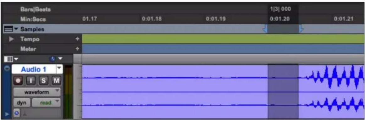 Bars|Beats Min:Secs 01.17 0:01.18 0:01.19 0:01.20 0:01.21 Samples Tempo + Meter + Audio 1 I S M waveform dyn read