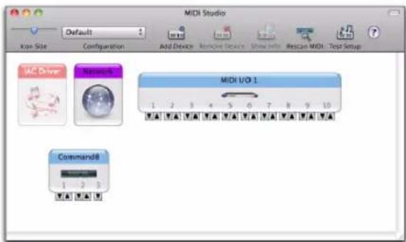 MIDI Studio Default Icon Size Configuration Add Device Remove Device Show Info Rescan MIDI...Test Setup IAC Driver MIDI 1/2 MIDI U/O 1 Command8
