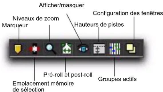 Afficher/masquer Niveaux de zoom Marqueur Configuration des fenêtres Hauteurs de pistes Pré-roll et post-roll Emplacement mémoire de sélection Groupes actifs