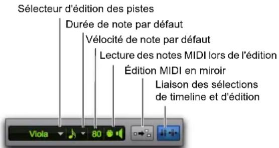 Sélecteur d'édition des pistes Durée de note par défaut Vélocité de note par défaut Lecture des notes MIDI lors de l'édition Édition MIDI en miroir Liaison des sélections de timeline et d'édition