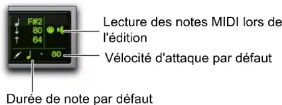 F#2 80 64 Lecture des notes MIDI lors de l'édition Vélocité d'attaque par défaut Durée de note par défaut